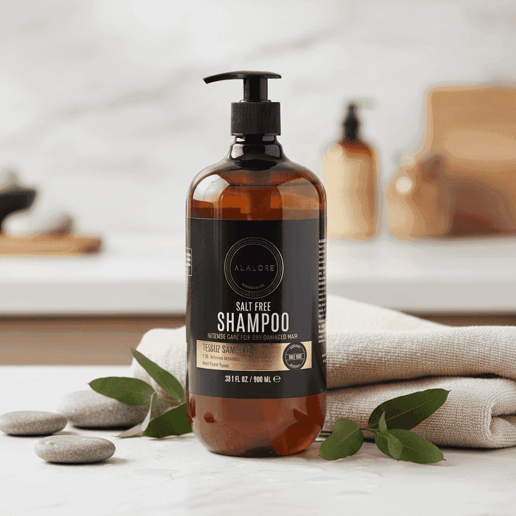 Alalore tuzsuz şampuan keratinli kahverengi pompalı şişe beyaz havlu ve yeşil yapraklarla