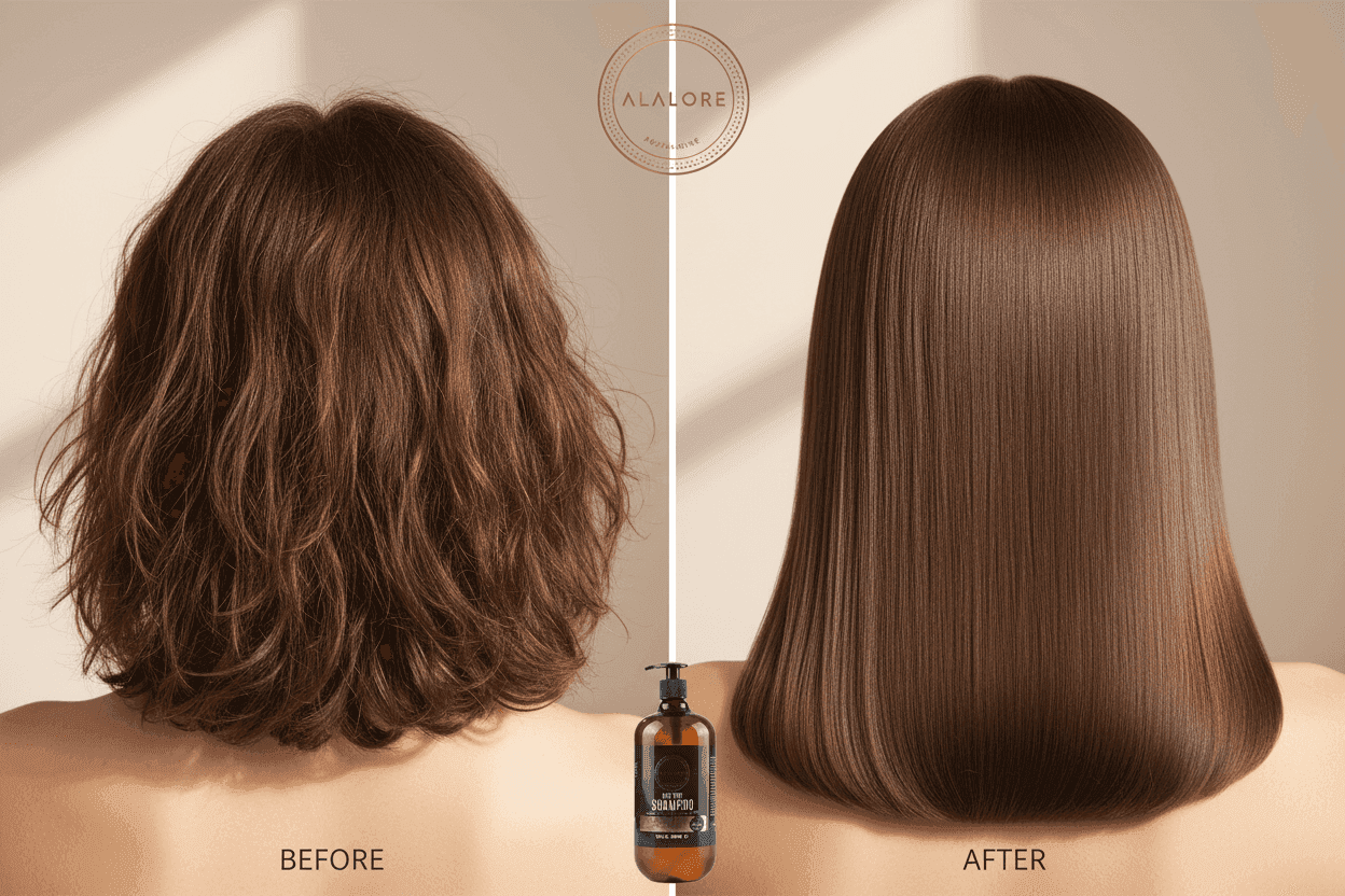 Alalore tuzsuz şampuan keratinli kullanımı sonrası dalgalı saçtan düz ve parlak saça dönüşüm