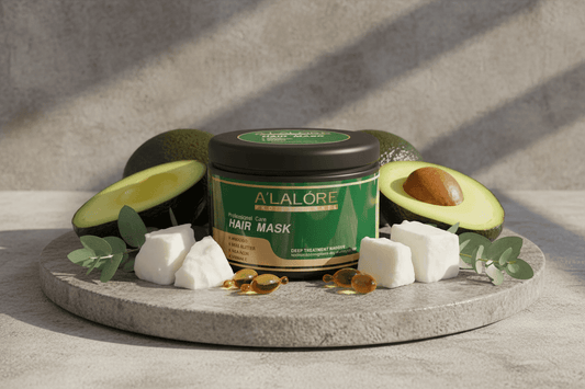 Alalore markalı doğal içerikli saç maskesi kavanozu ve avokado dilimleriyle dekoratif düzenleme