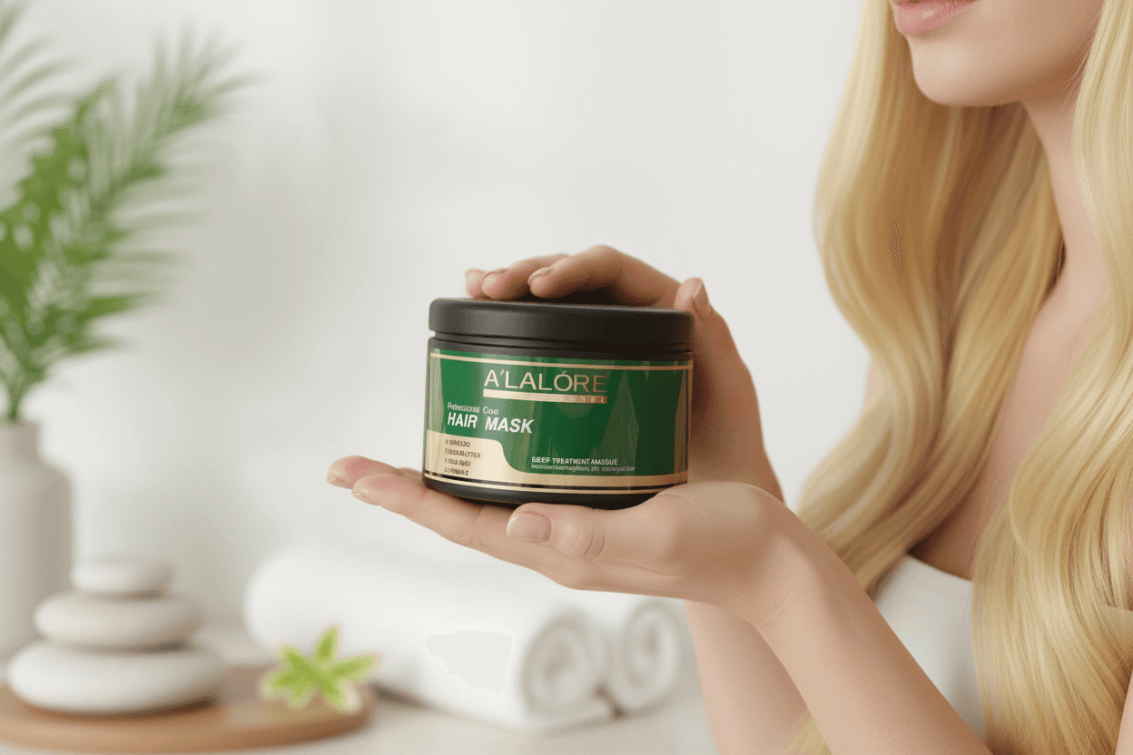 Alalore markalı saç maskesi kavanozunda tutan uzun sarı saçlı kadın