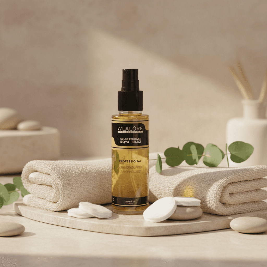 Amonyaksız boya silici sprey şişesi, temiz beyaz havlular ve makyaj pamuğu ile doğal ve profesyonel kullanım