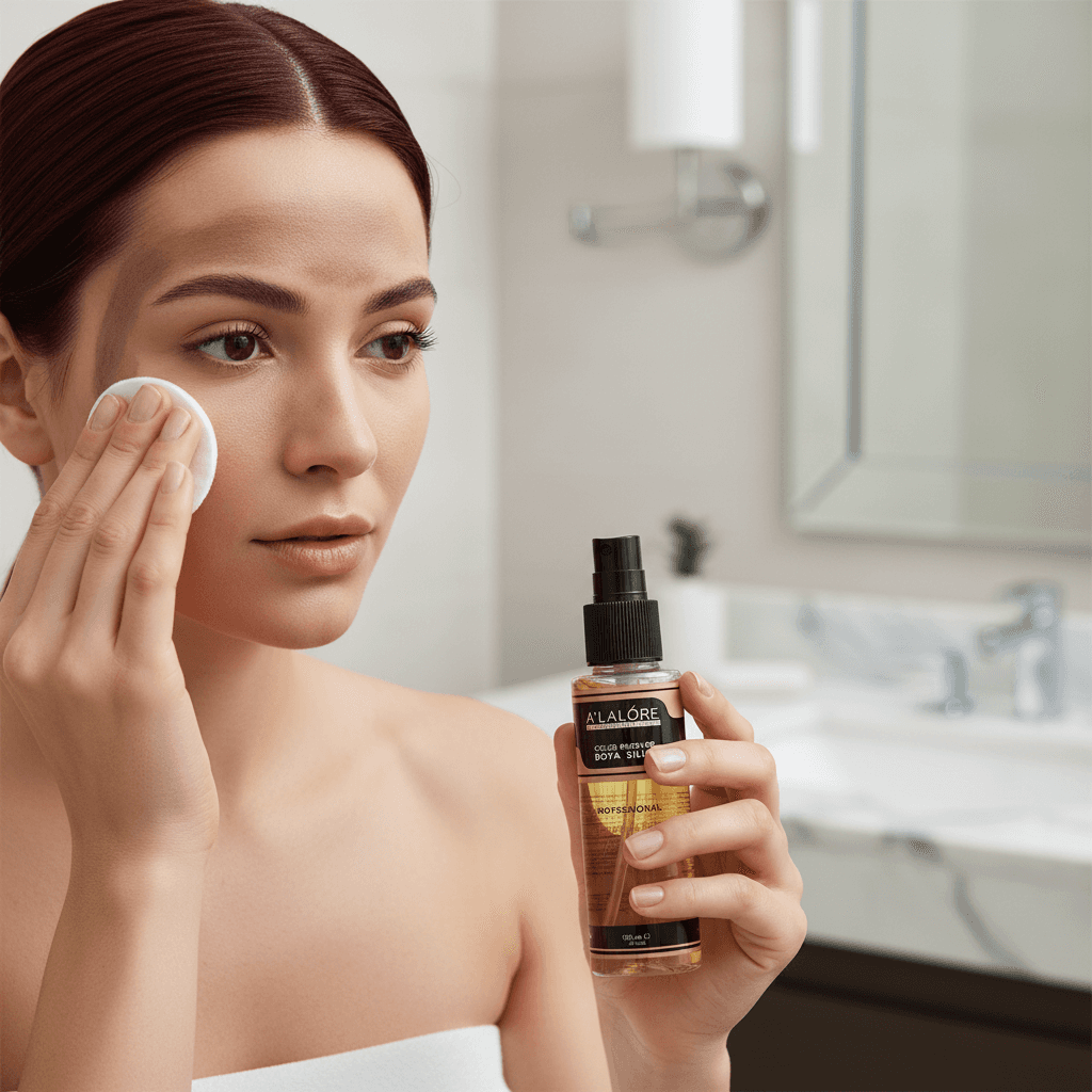 A'LALÓRE amonyaksız boya silici ürünüyle yüzünü temizleyen genç kadın banyoda