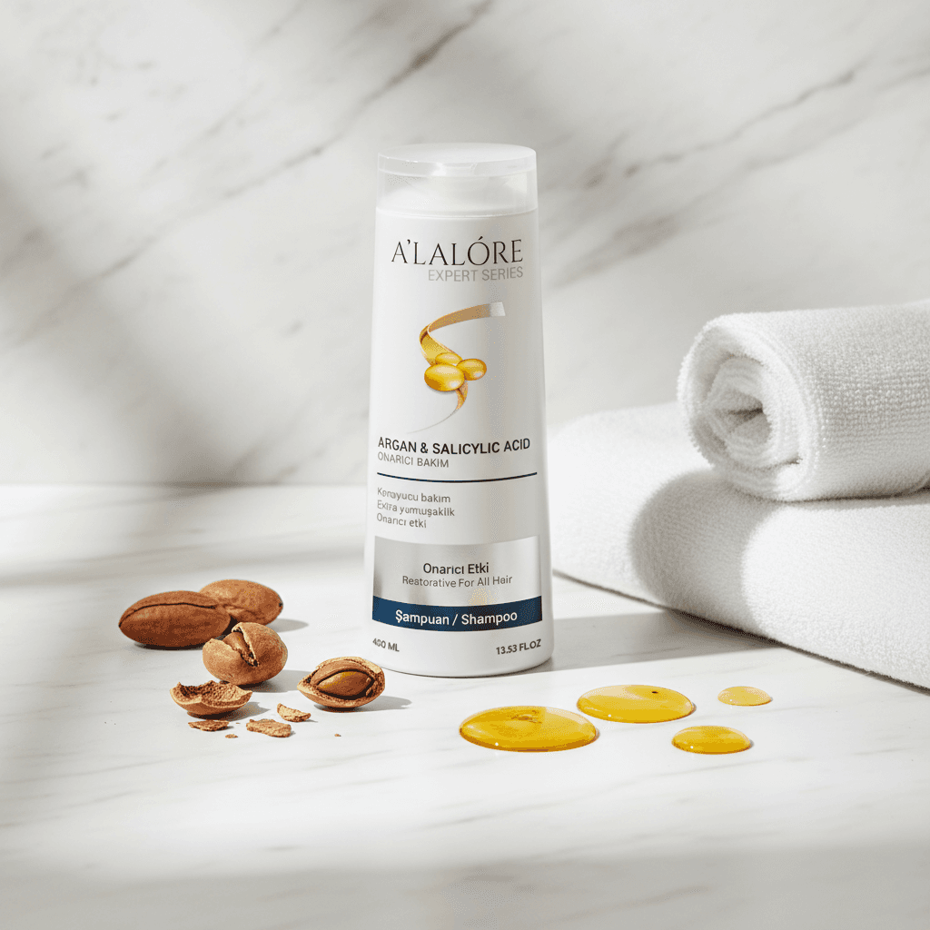 Alalore argan ve salisilik asitli şampuan beyaz şişede doğal zeytin yağı ve havlu ile