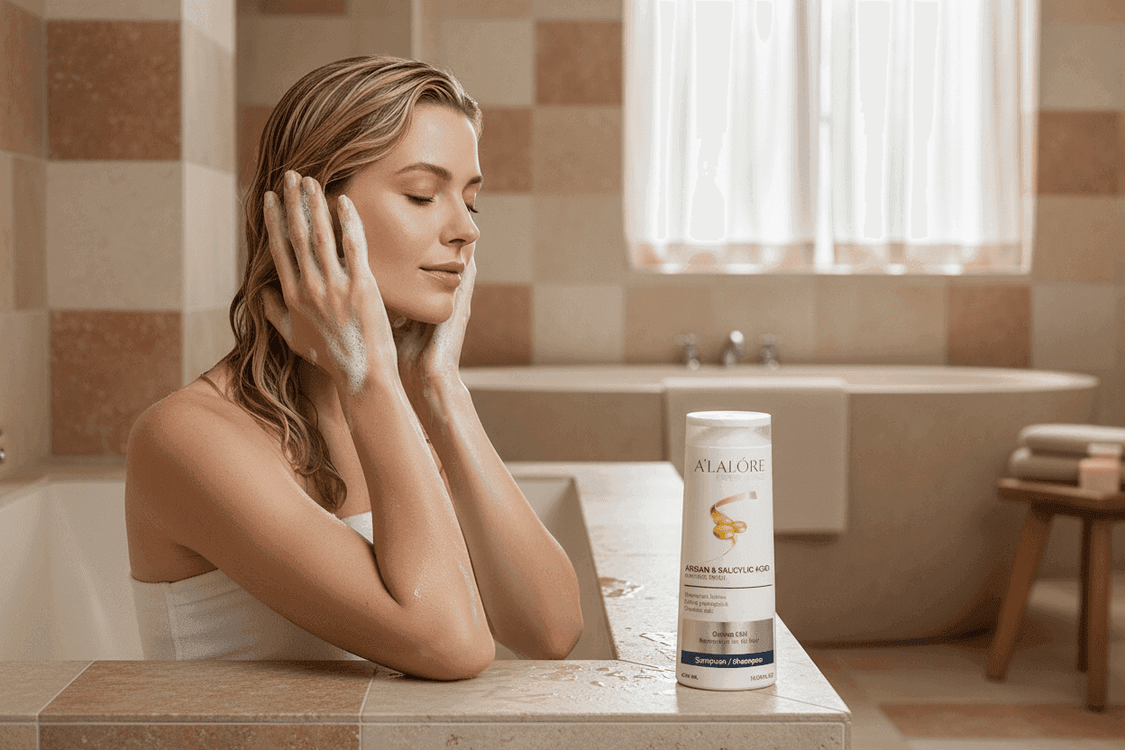 Alalore markalı argan ve salisilik asitli şampuan ile duşta saçlarını yıkayan kadın