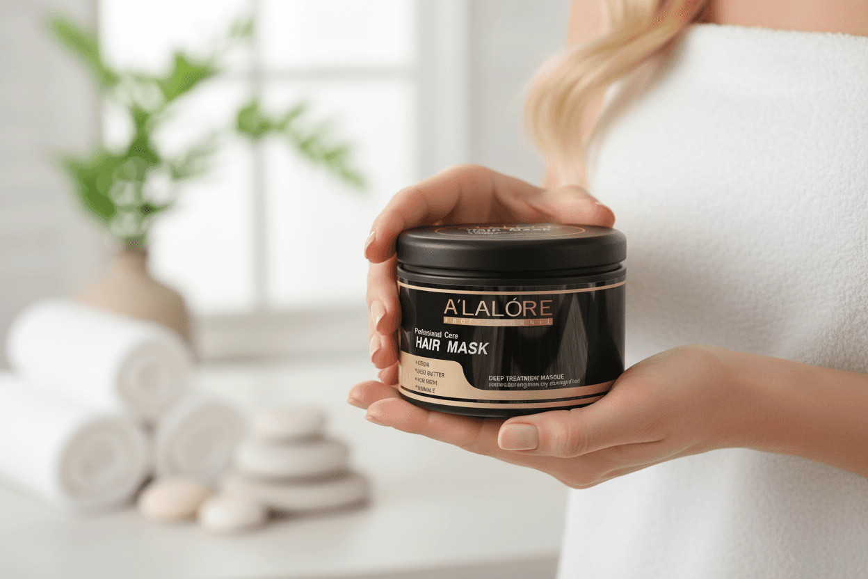 Alalore marka argan yağlı saç bakım maskesi kavanozunu tutan kişi, spa ortamında