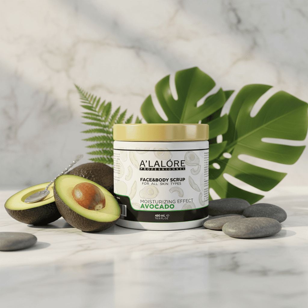 Alalore markalı avokadolu scrub maske kavanozu, taze avokado dilimleri ve yeşil yapraklarla dekoratif arka planda