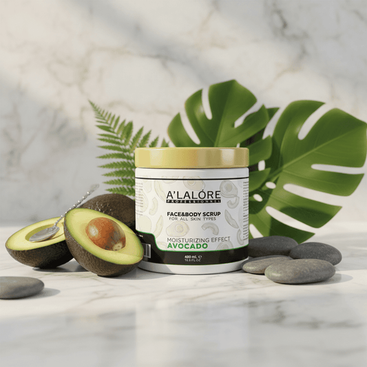 Alalore markalı avokadolu scrub maske kavanozu, taze avokado dilimleri ve yeşil yapraklarla dekoratif arka planda