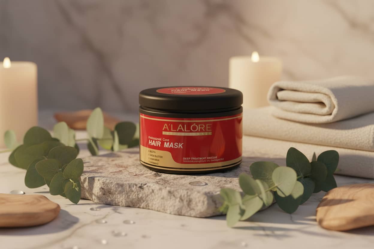 Alalore markalı kırmızı kutuda biotinli saç maskesi, doğal bitki yaprakları ve mumlarla spa ortamında