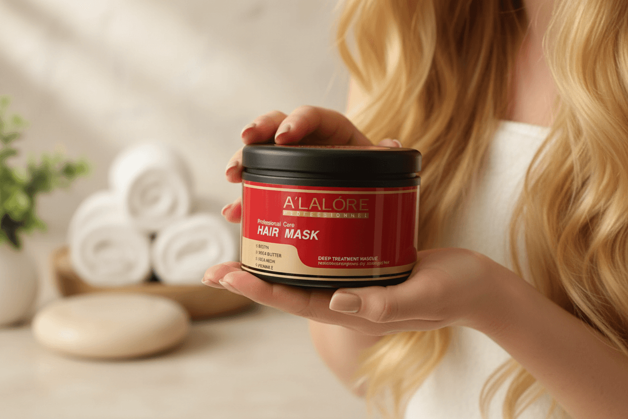 Alalore markalı biotinli saç maskesi kavanozunu tutan kadın el ve uzun sarı saçlar