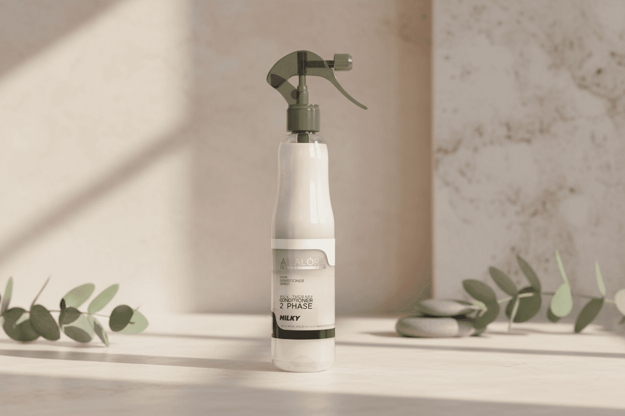 Alalore markasının çift fazlı fön suyu spreyi doğal ışıkta masada gösteriliyor