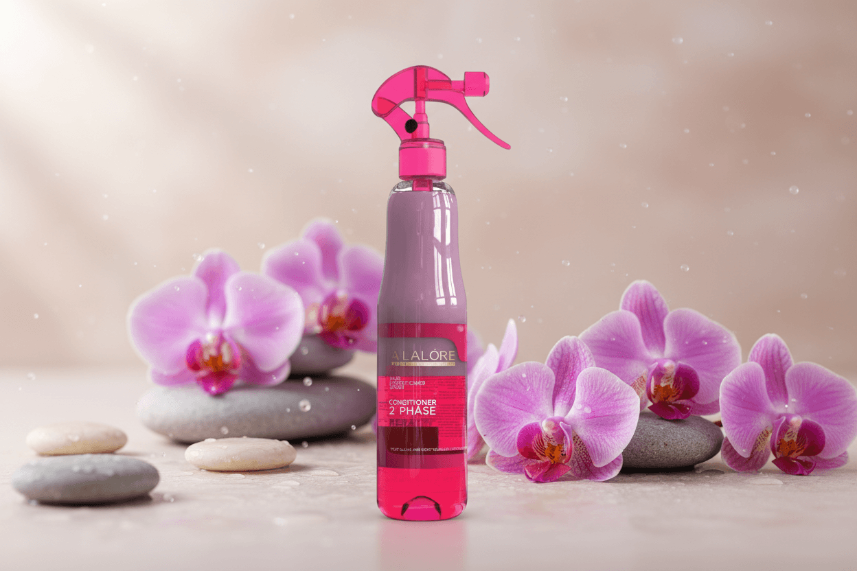 Alalore çift fazlı keratin fön suyu şişesi ve mor orkide çiçekleriyle dekoratif arka plan