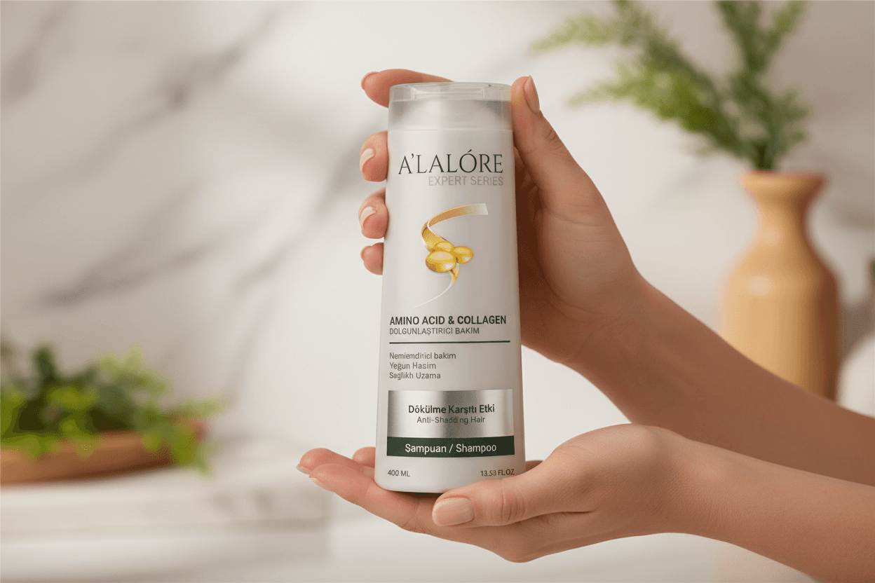 Alalore markalı dökülme karşıtı bakım şampuanı, amino asit ve kolajen içerikli, el ile tutuluyor