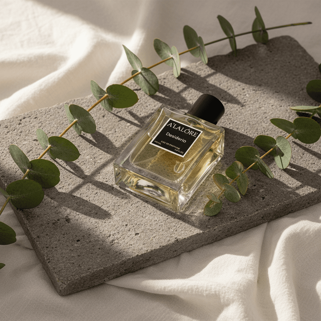 Alalore markalı erkek parfüm şişesi gri taş yüzey üzerinde yeşil yapraklarla