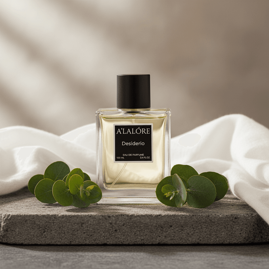 Alalore Desiderio erkek parfüm şişesi doğal yapraklar ve beyaz kumaş ile dekor edilmiş