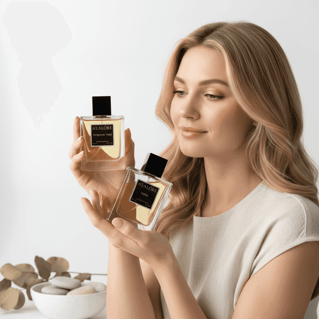 Alalore marka erkek parfümü 100 ml şişelerini elinde tutan kadın