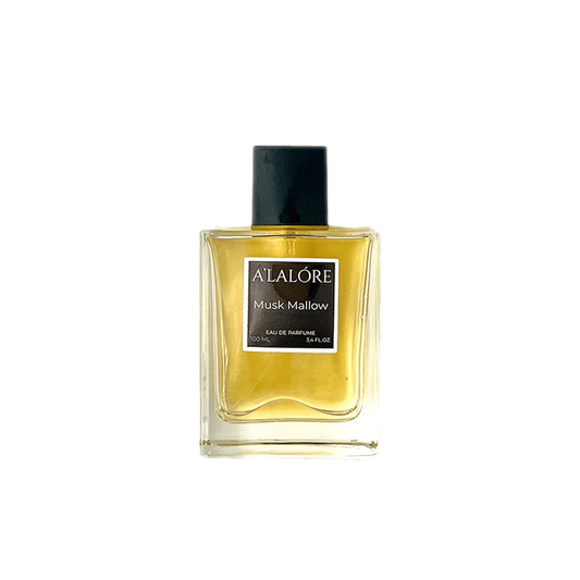 A'LALÓRE Musk Mallow erkek parfümü 100 ml şeffaf cam şişede siyah kapaklı
