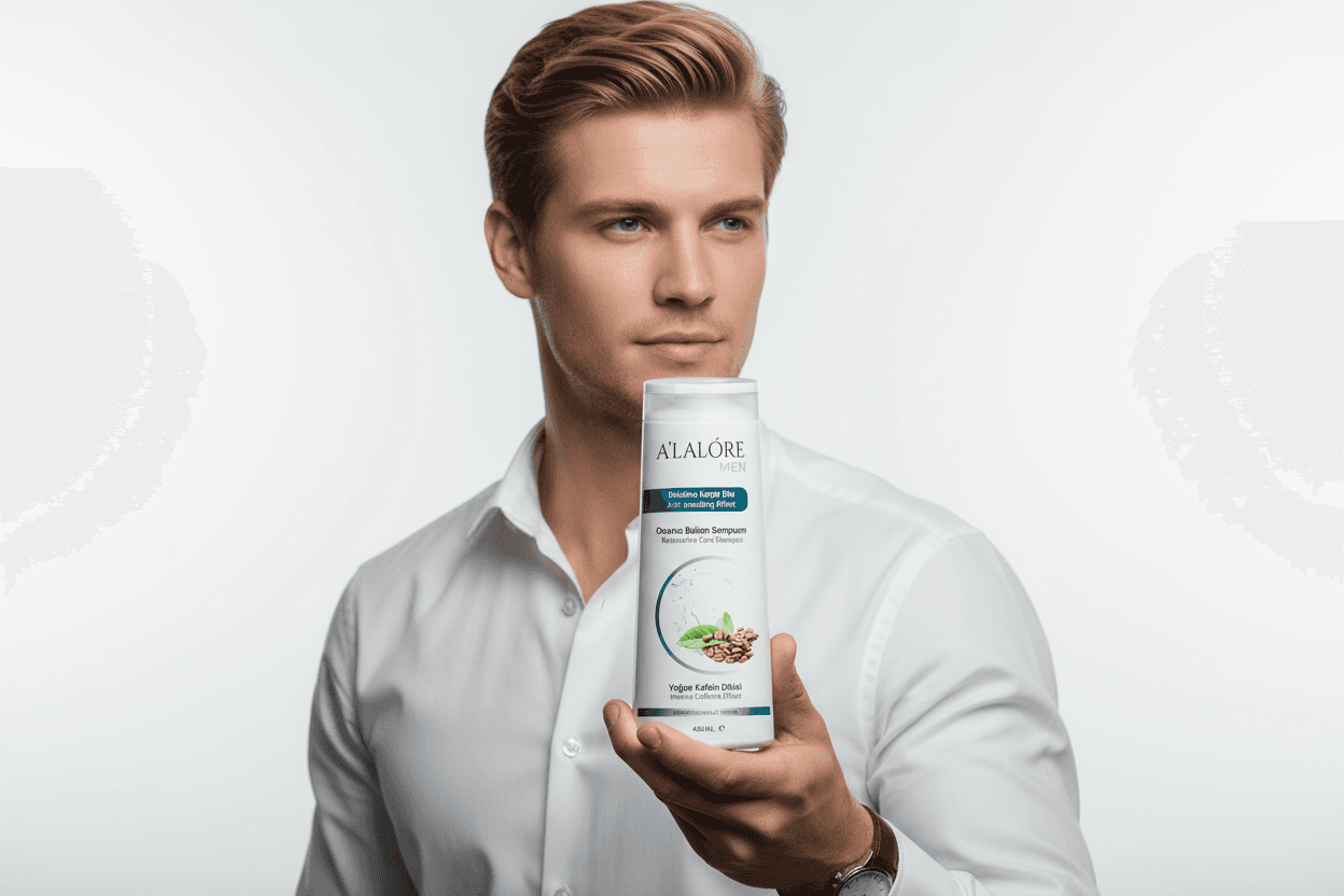 Alalore markasının erkeklere özel dökülme karşıtı şampuanını beyaz gömlekli erkek tanıtıyor
