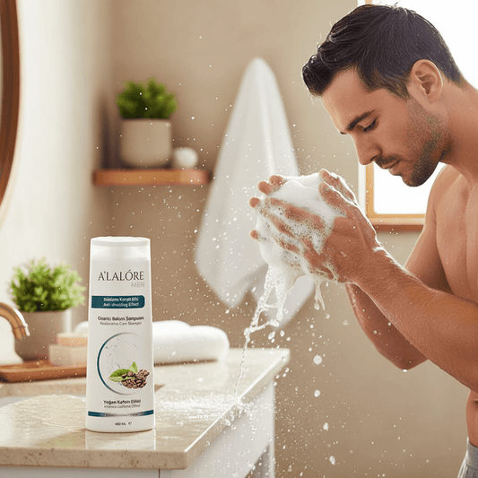 Alalore erkeklere özel dökülme karşıtı şampuan ile banyo yaparken köpüren adamın görüntüsü