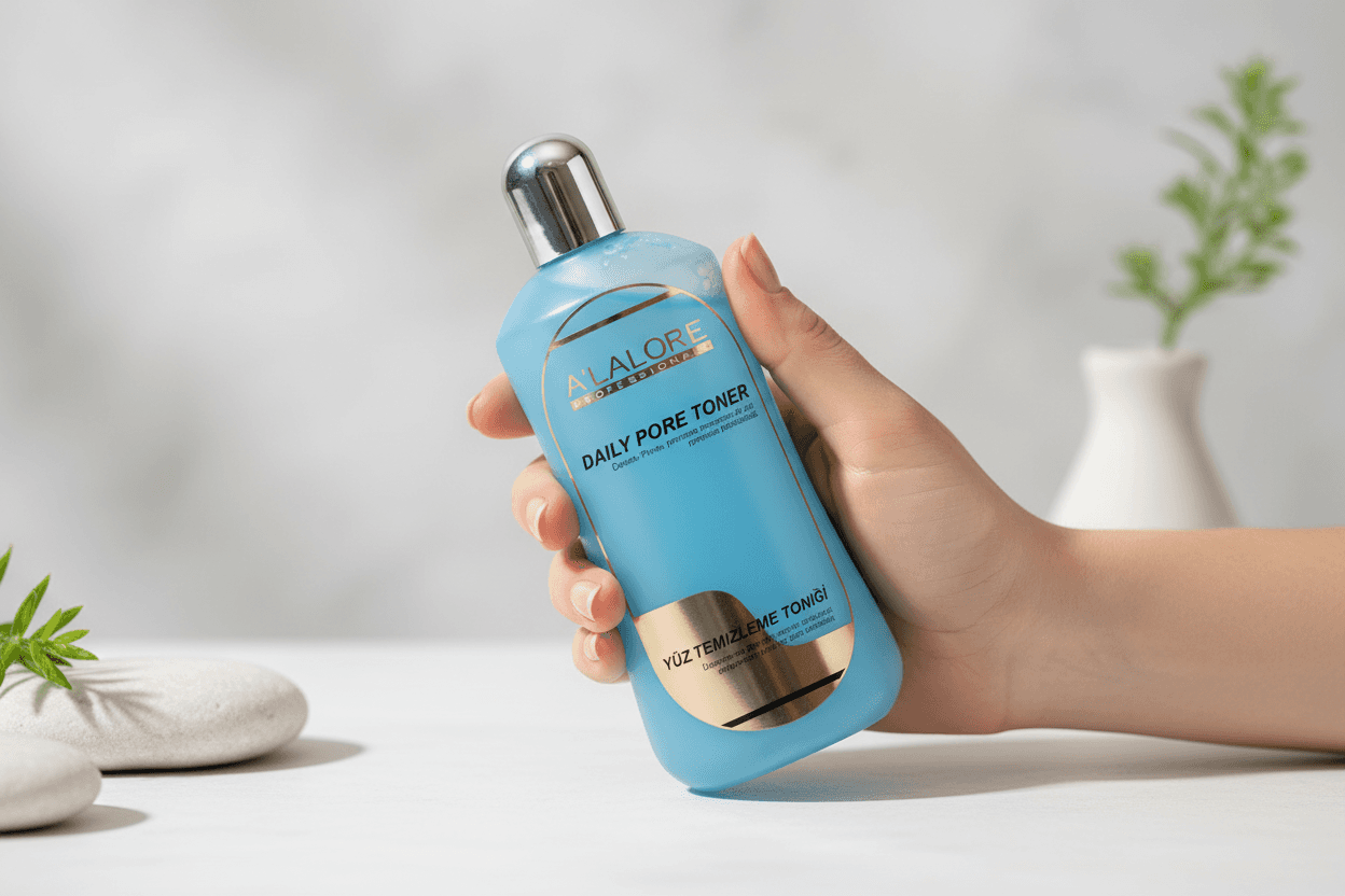 Alalore marka mavi şişede günlük yüz temizleme gözenek sıkılaştırıcı tonik ürününü tutan el