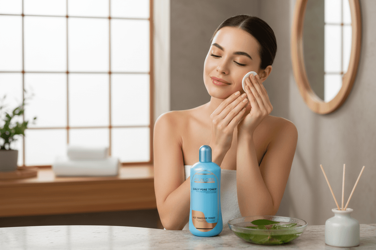 Alalore marka gözenek sıkılaştırıcı tonik kullanarak yüzünü temizleyen kadın