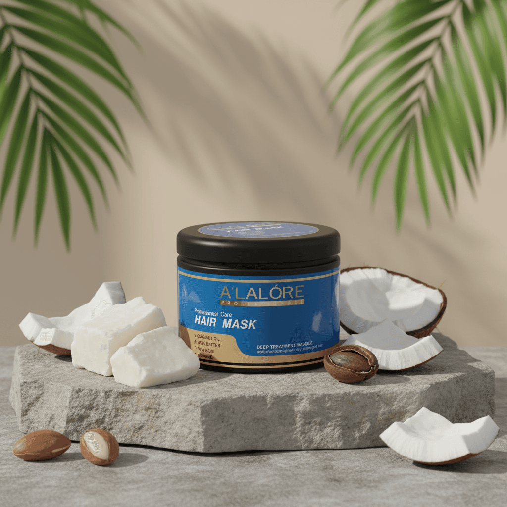 Alalore markalı hindistan cevizli saç maskesi kavanozu ile doğal hindistan cevizi ve ceviz parçaları