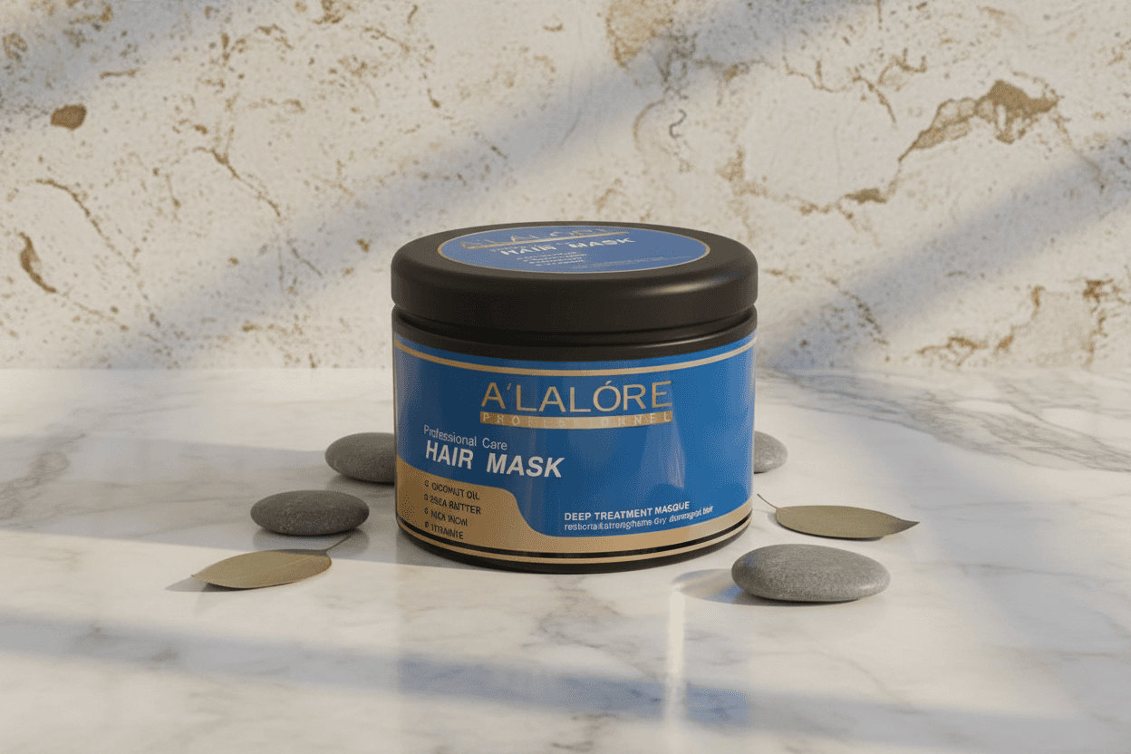 Alalore markalı hindistan cevizli saç maskesi kavanozunda doğal saç bakım ürünü