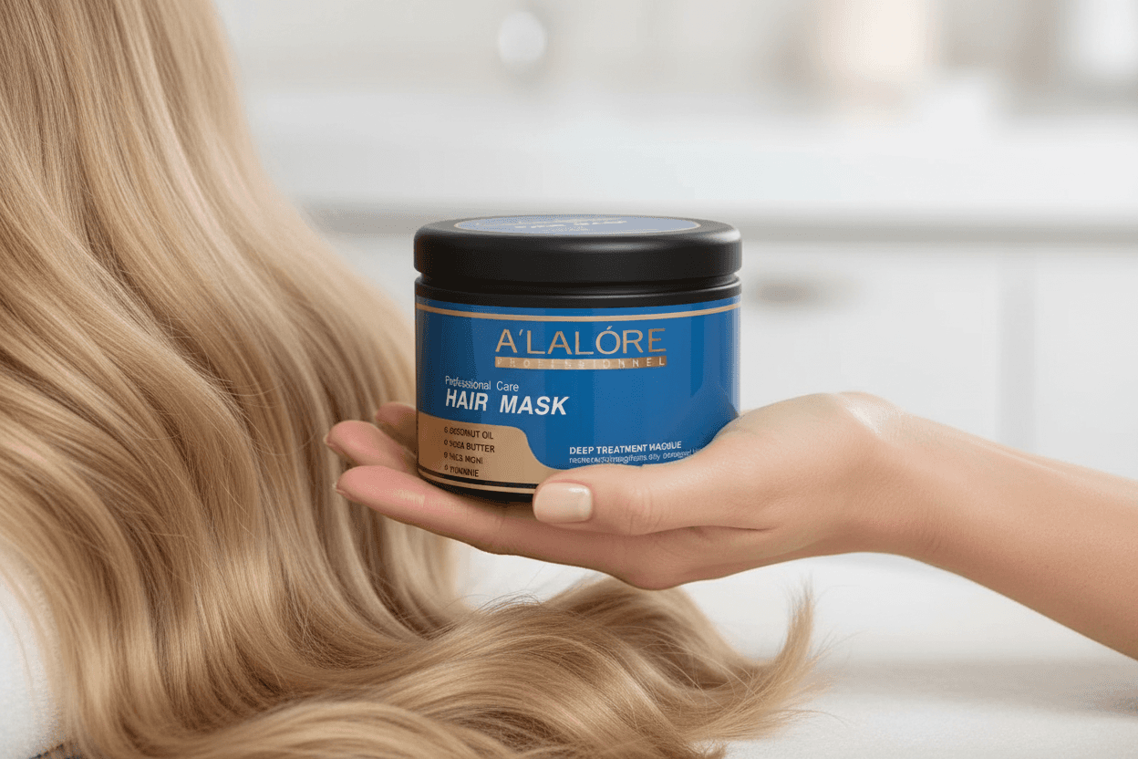 Alalore hindistan cevizli saç maskesi kavanozda ve uzun dalgalı sarı saçlarla