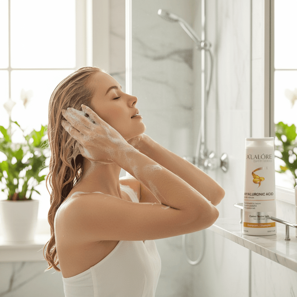 Alalore hyaluronik asit şampuan ile banyo yaparken köpüren saçlarını yıkayan kadın