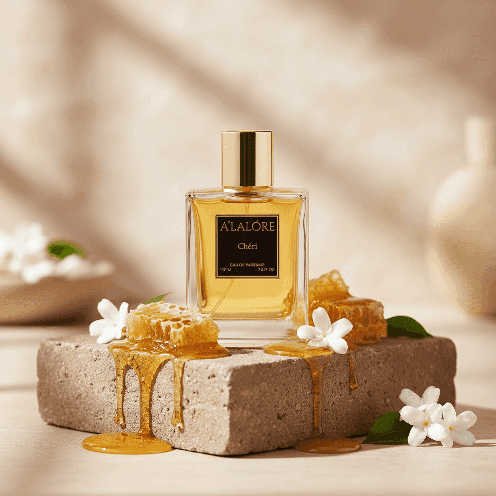 A'LALÓRE marka kadın parfüm şişesi bal ve beyaz çiçeklerle dekoratif taş üzerinde
