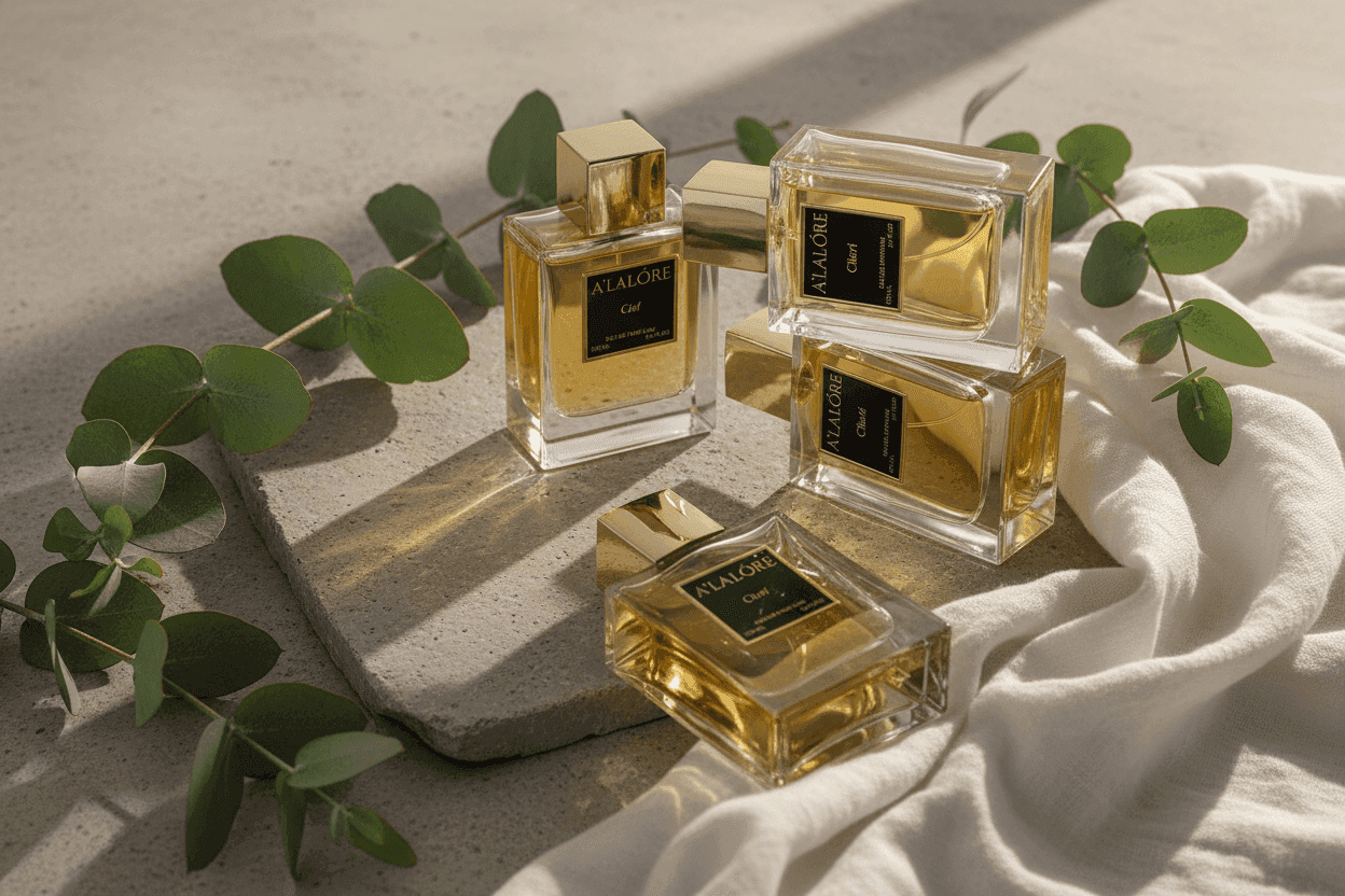 A'LALÓRE kadın parfüm şişeleri doğal yapraklar ve yumuşak beyaz kumaş üzerinde