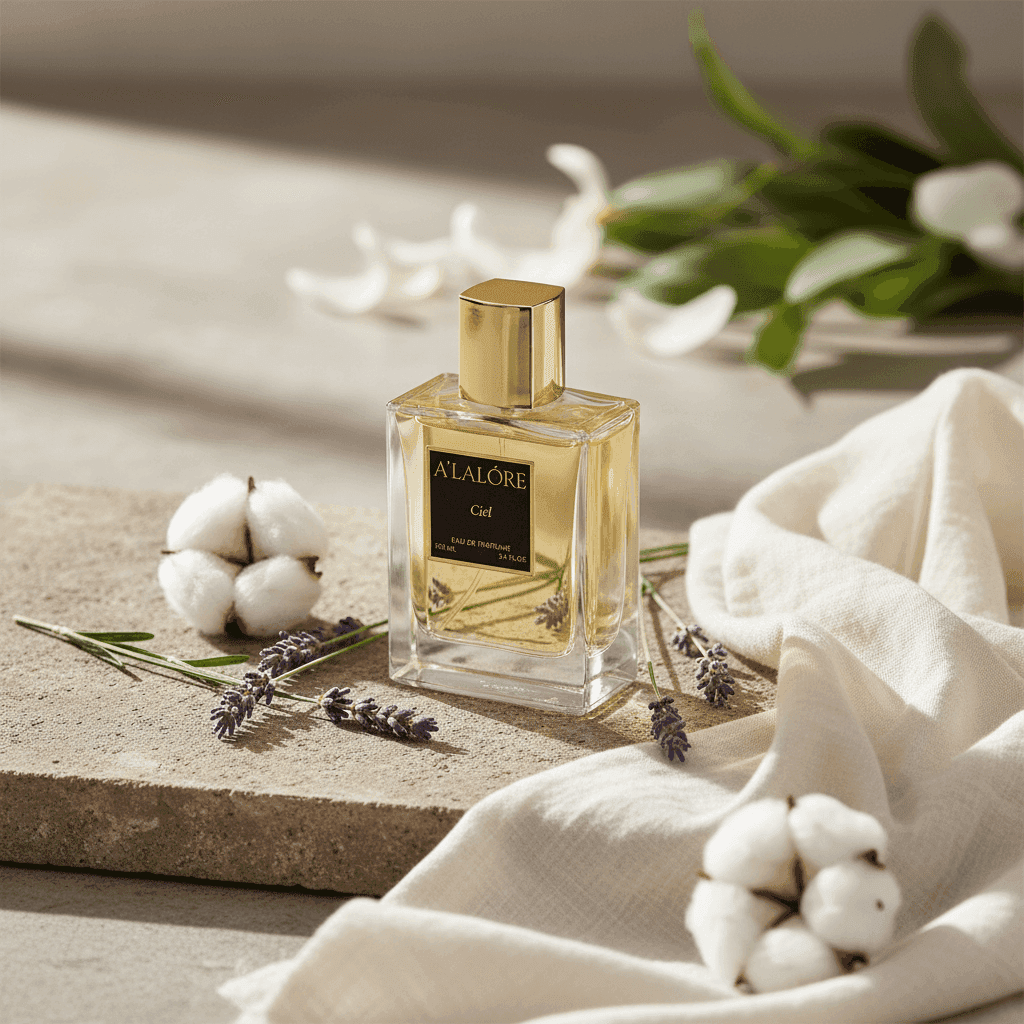 A'LALÓRE markalı kadın parfüm şişesi, lavanta ve pamuk çiçeği dekoruyla doğal ortamda