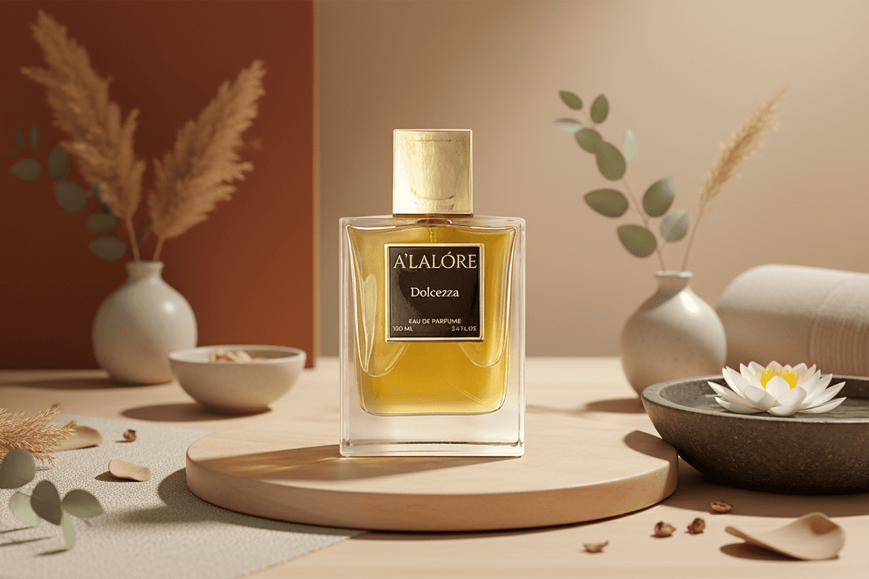 Alalore Dolcezza kadın parfüm şişesi doğal dekor ve bitkilerle ışıklandırılmış ortamda