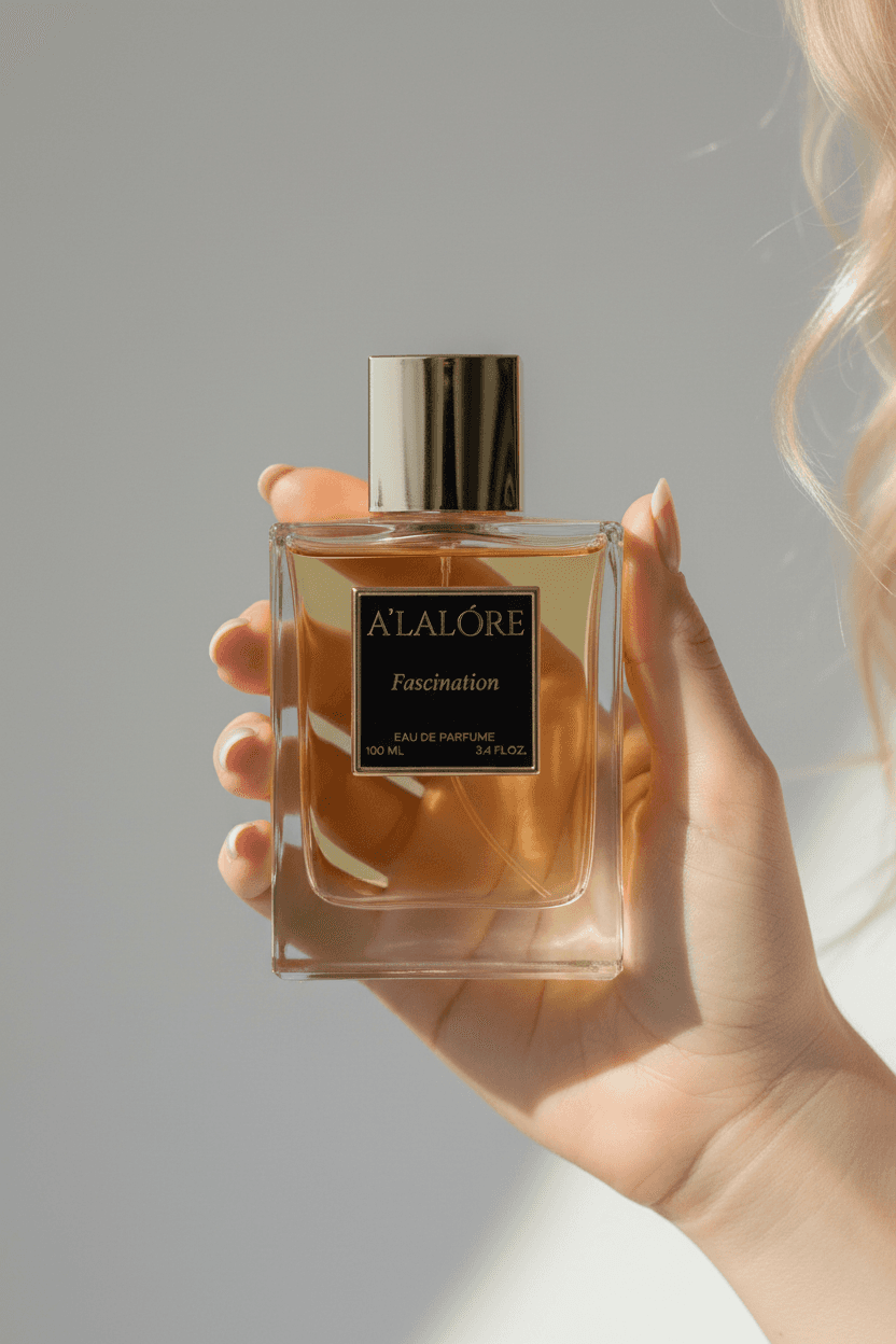 A'LALÓRE markasının kadın parfüm şişesini tutan el, zarif tasarım ve altın kapaklı