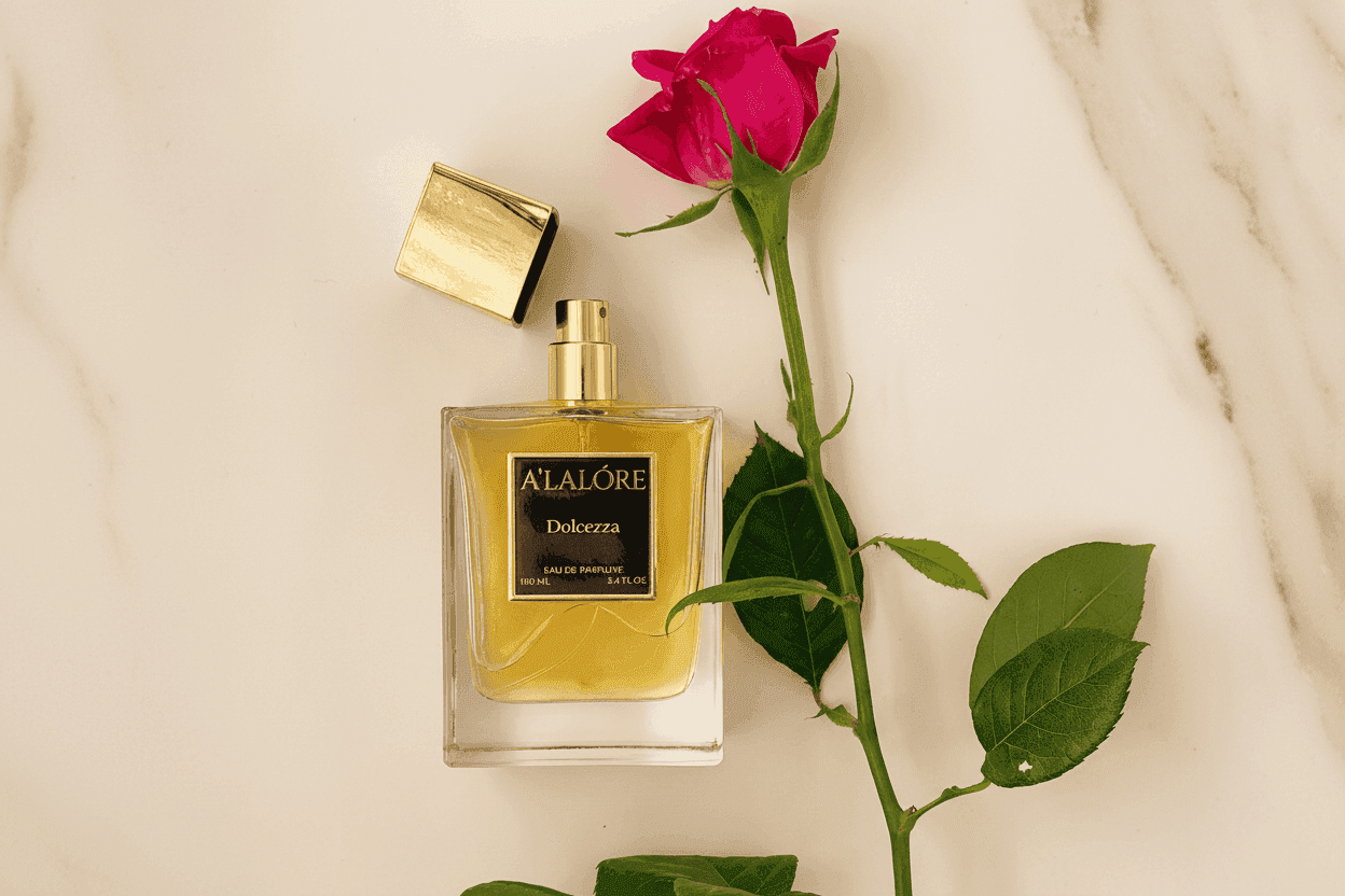Alalore Dolcezza kadın parfüm şişesi ve yanında kırmızı gül yaprakları ile