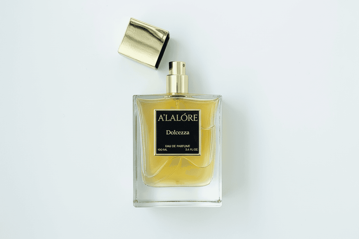 Alalore Dolcezza kadın parfüm şişesi altın kapaklı ve saydam camda açık sarı likör içeriyor