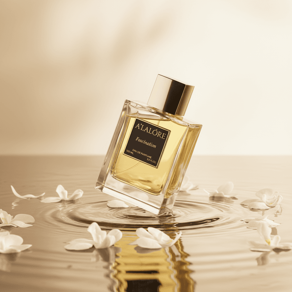 A'LALÓRE markalı kadın parfüm şişesi su üzerinde beyaz çiçeklerle çevrili olarak duruyor