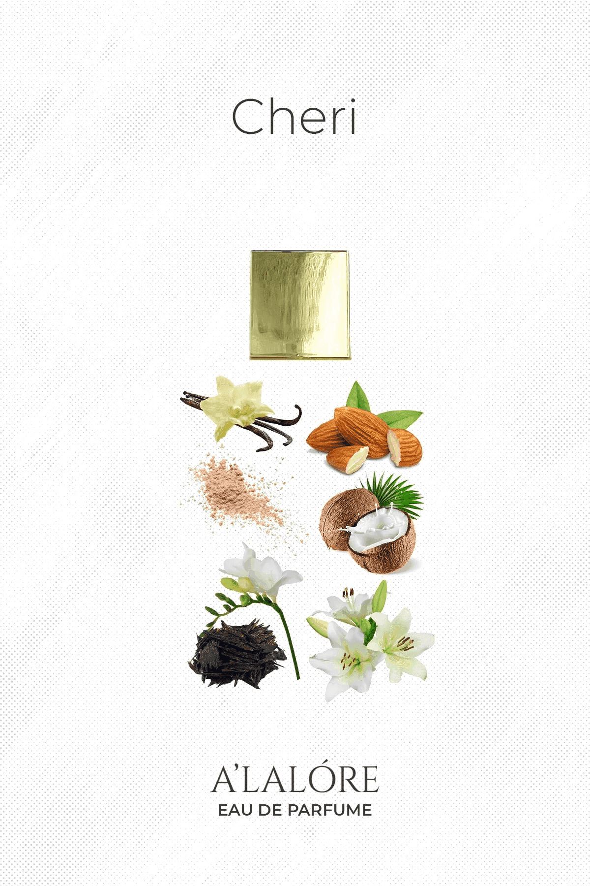 A'LALÓRE Cheri kadın parfüm şişesi ve içerisinde vanilya, badem, hindistancevizi, yasemin ve odunsu notalar