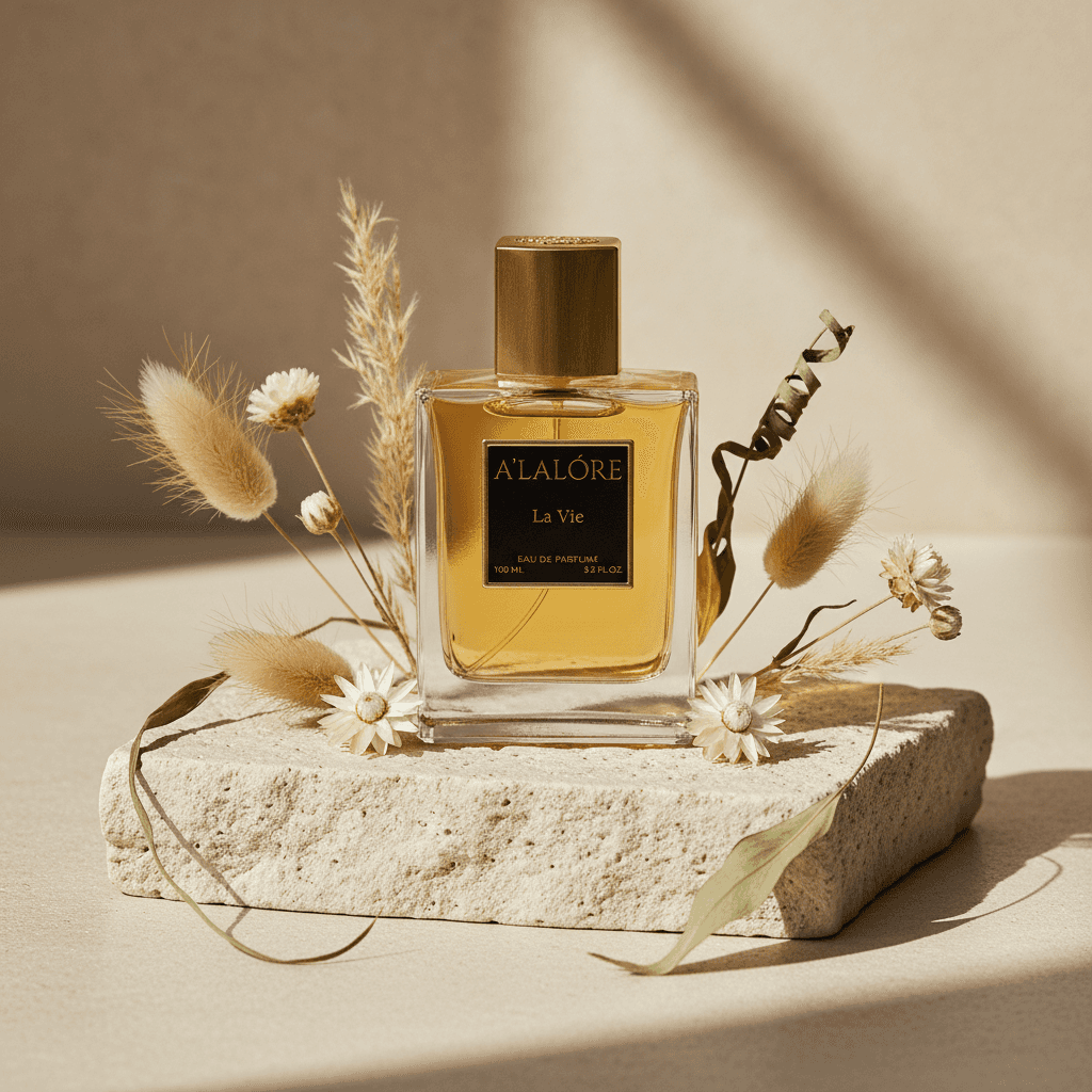 Alalore kadın parfümü 100 ml şık cam şişede kuru çiçeklerle dekoratif doğal ortamda