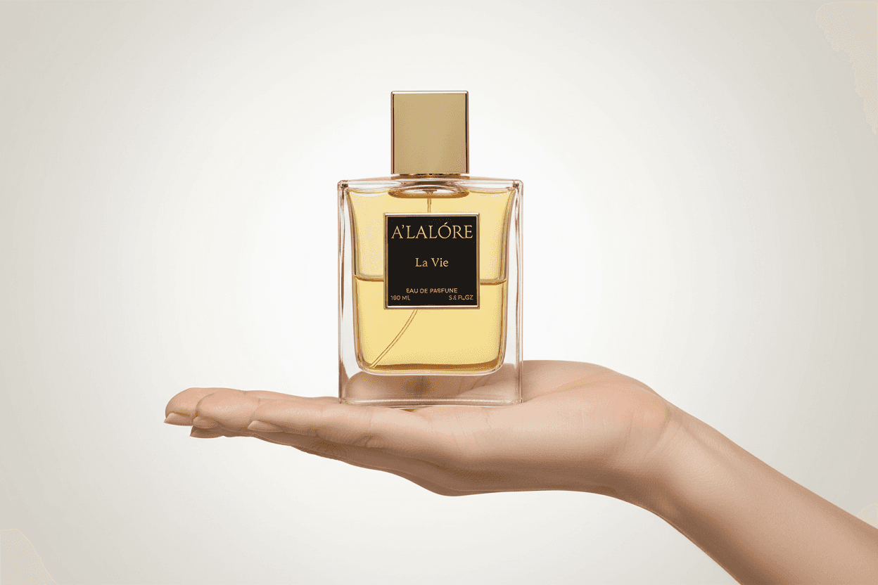 Alalore marka kadın parfümü 100 ml şeffaf cam şişede altın kapaklı ve el üzerinde