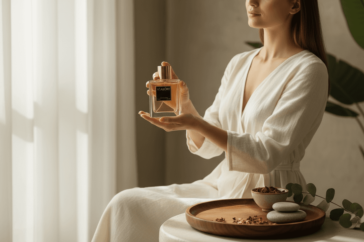 Alalore marka kadın parfümü 100 ml şık cam şişede beyaz elbiseli kadın tarafından tutuluyor