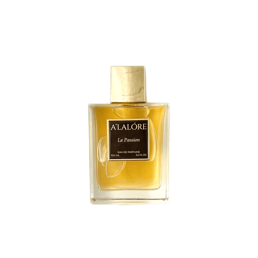 Alalore markalı kadın parfümü 100ml şişede şeffaf cam ve altın kapaklı tasarım