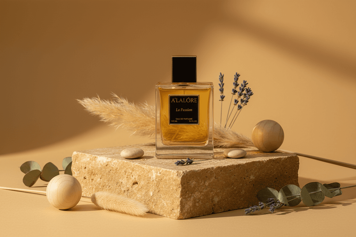 Alalore marka kadın parfümü 100ml şişesi taş platformda lavanta ve doğal süslemelerle