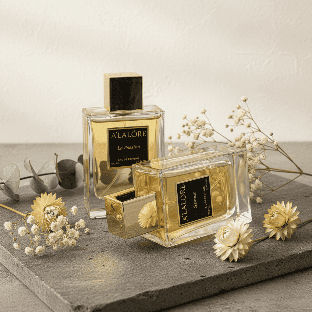 Alalore marka kadın parfümü 100ml şişeler doğal dekoratif çiçeklerle birlikte