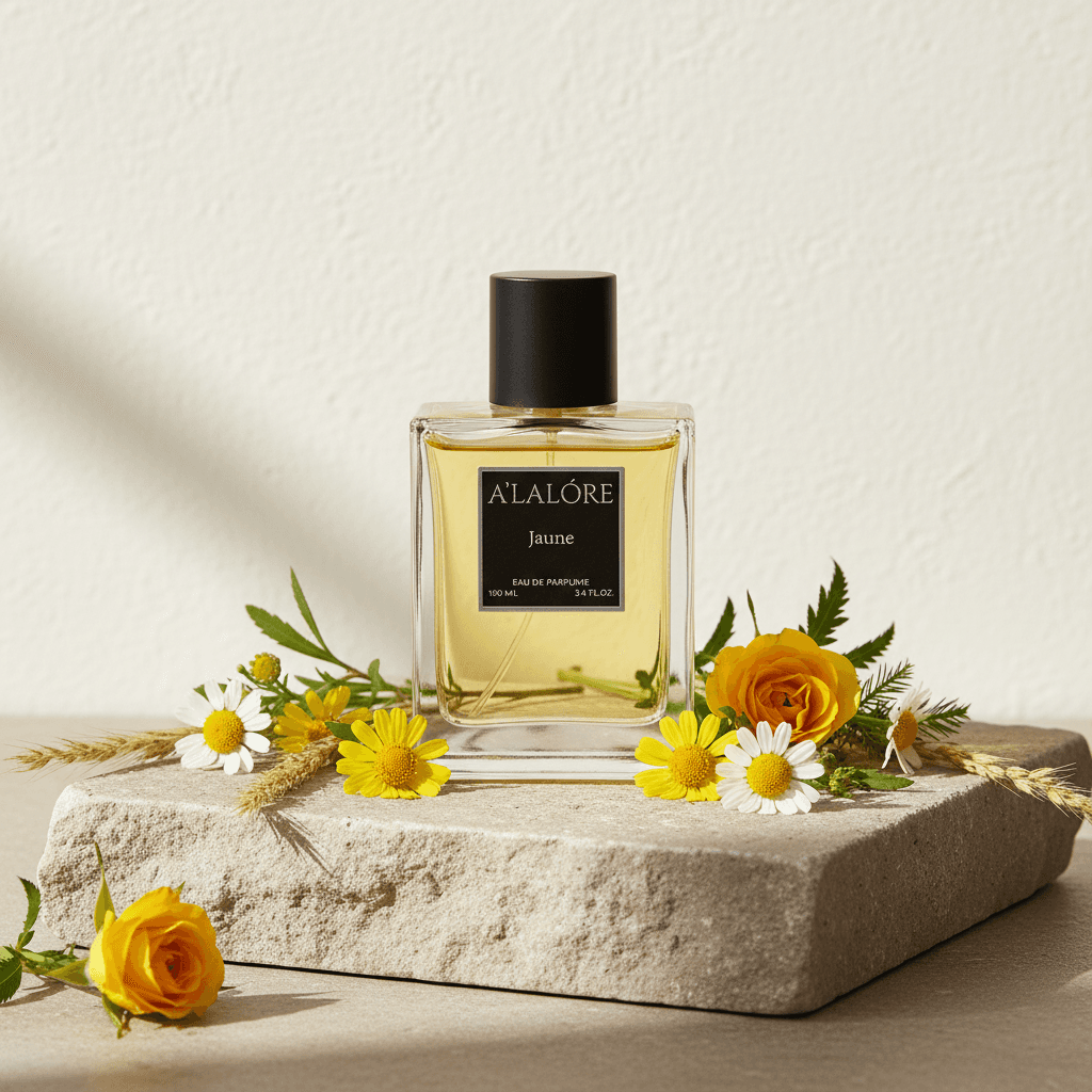 Alalore markasının doğal çiçeklerle çevrili kalıcı unisex parfüm önerileri için şık cam şişesi