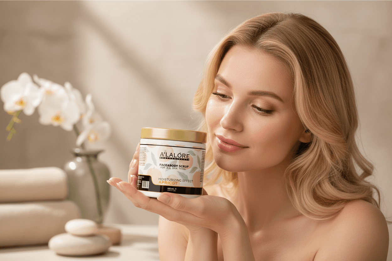 Alalore marka kayısı özlü scrub maske kavanozunu tutan ve ürüne bakan sarı saçlı kadın