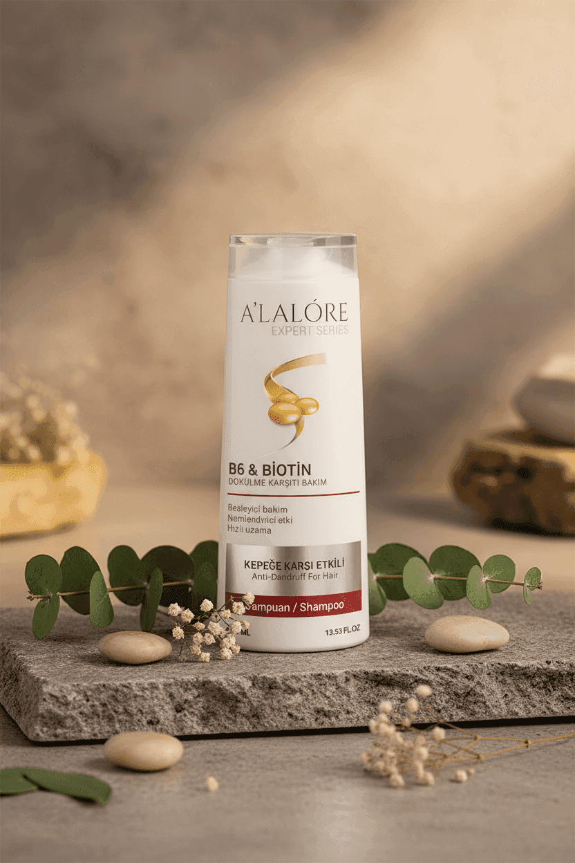 Alalore B6 ve Biotin içeren kepeğe karşı etkili şampuan şişesi doğal ortamda