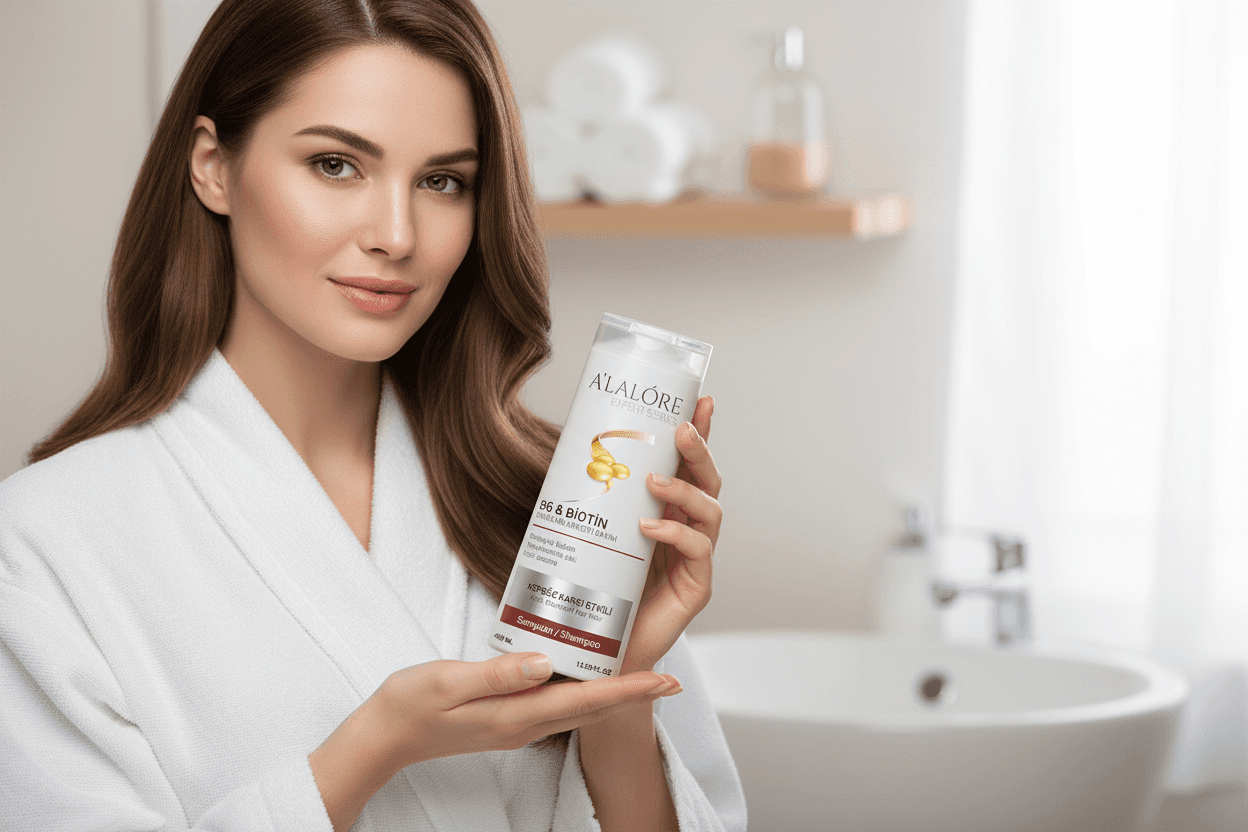 Alalore markalı kepeğe karşı etkili şampuan tutan beyaz bornozlu kadın banyo ortamında