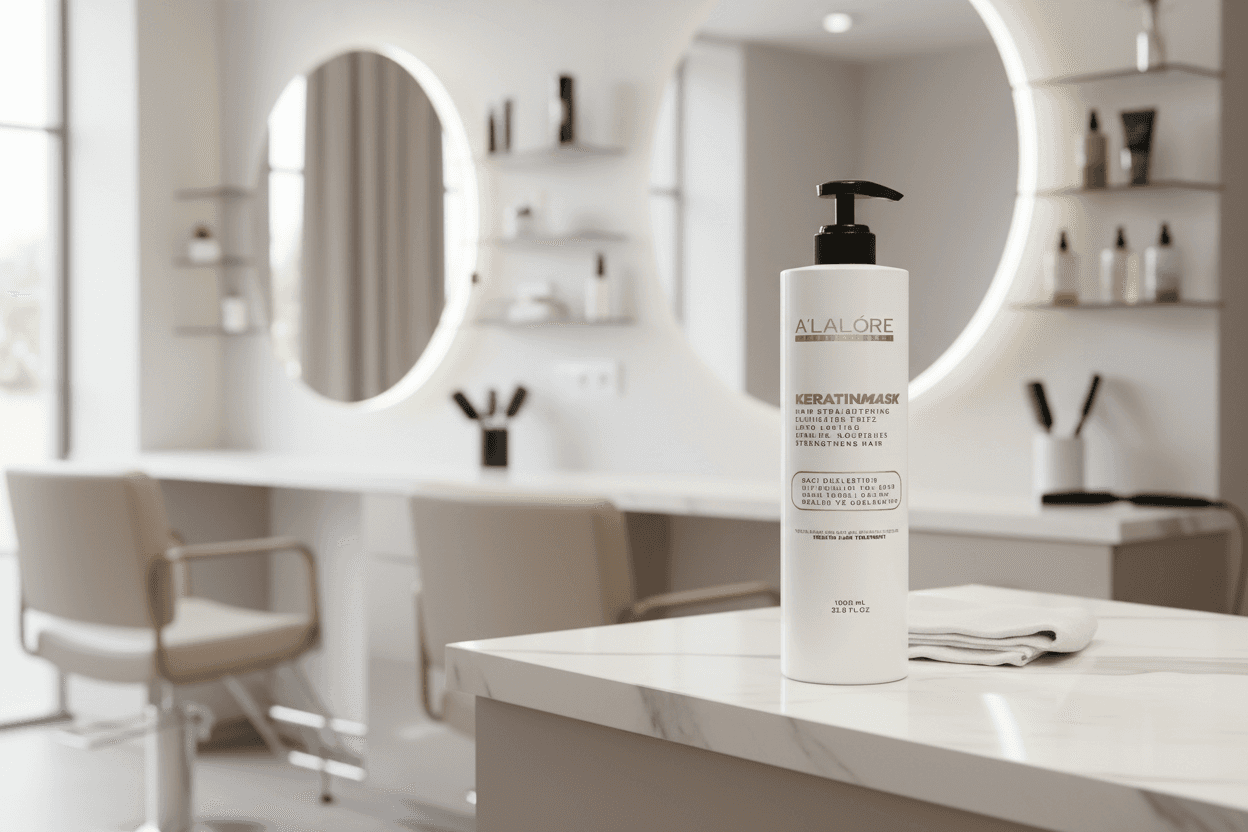 Alalore keratin bakım maskesi beyaz şişede modern ve şık salon ortamında