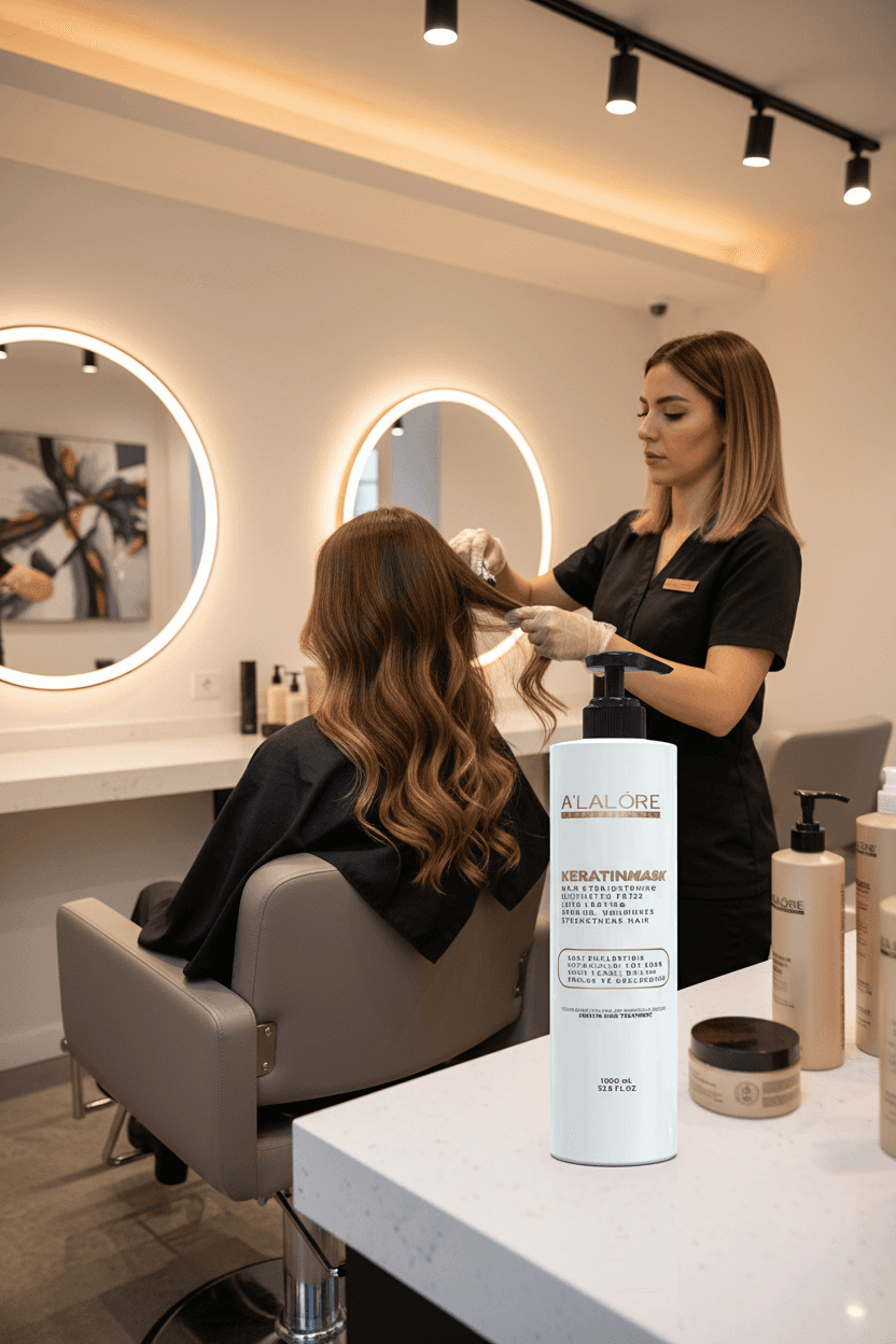 Alalore keratin saç bakım ürünüyle kuaförde saçlarına bakım yaptıran kadın