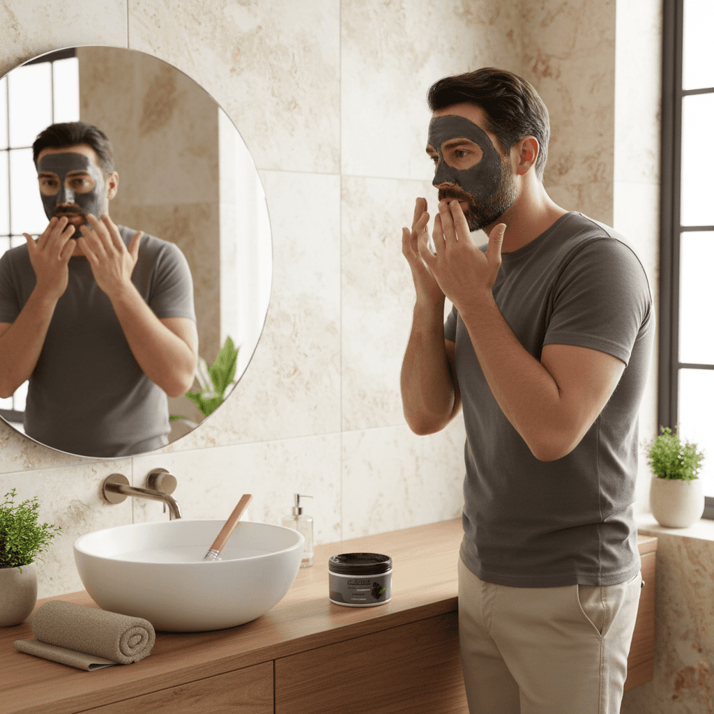 Alalore kömür yüz kil maskesi uygulayan banyoda genç erkek, aynada kendine bakıyor